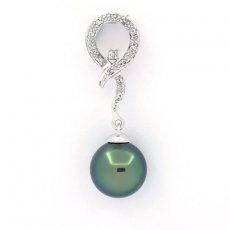 14K Solid White Gold Pendant + 13 Diamonds and 1 Tahitian Pearl Round B 9.4 mm