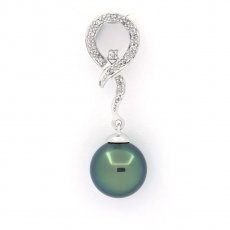 14K Solid White Gold Pendant + 13 Diamonds and 1 Tahitian Pearl Round B 9.4 mm