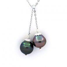 Rhodiated Sterling Silver Necklace and 2 Tahitian Pearls Ringed B/C from 10.6 to 10.8 mm