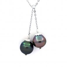 Rhodiated Sterling Silver Necklace and 2 Tahitian Pearls Ringed B/C from 10.6 to 10.8 mm