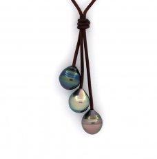 Leather Necklace and 3 Tahitian Pearls Ringed C de 11.2 mm