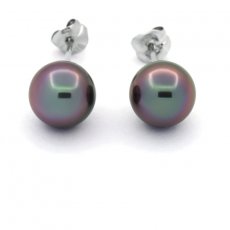 18k solid White Gold Earrings and 2 Tahitian Pearls Round 1 B & 1 C 8 mm