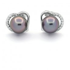 Rhodiated Sterling Silver Earrings and 2 Tahitian Pearls Round C 8.1 mm