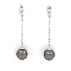 Rhodiated Sterling Silver Earrings and 2 Tahitian Pearls Round C 8.3 mm
