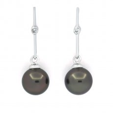 Rhodiated Sterling Silver Earrings and 2 Tahitian Pearls Round C 8.1 mm