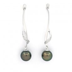 Rhodiated Sterling Silver Earrings and 2 Tahitian Pearls Round C 8.2 and 8.3 mm