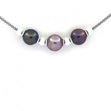 Rhodiated Sterling Silver Necklace and 3 Tahitian Pearls Semi-Baroque B/C from 10.1 to 10.6 mm