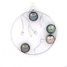 Rhodiated Sterling Silver Pendant and 4 Tahitian Pearls Round C 8.1 mm