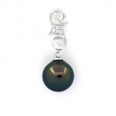 Rhodiated Sterling Silver Pendant and 1 Tahitian Pearl Semi-Baroque C 10.2 mm