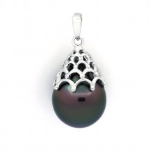 Rhodiated Sterling Silver Pendant and 1 Tahitian Pearl Semi-Baroque C 10.7 mm