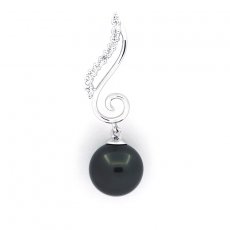 Rhodiated Sterling Silver Pendant and 1 Tahitian Pearl Round C 9.5 mm