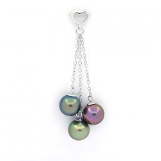 Rhodiated Sterling Silver Pendant and 3 Tahitian Pearls Near-Round B+ 8.6 to 8.8 mm