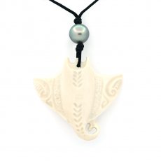 Cotton necklace, bone pendant and 1 Tahitian Pearl Near-Round C 9.6 mm