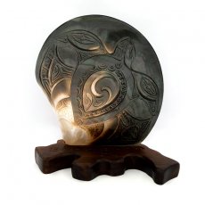Tahitian Engraved Mother of Pearl on a Wooden Base (Tou)