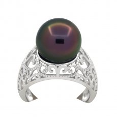 Rhodiated Sterling Silver Ring and 1 Tahitian Pearl Near-Round C 11.5 mm