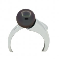 Rhodiated Sterling Silver Ring and 1 Tahitian Pearl Round C 9.3 mm