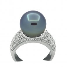 Rhodiated Sterling Silver Ring and 1 Tahitian Pearl Round B/C 12.2 mm