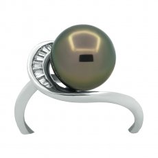 Rhodiated Sterling Silver Ring and 1 Tahitian Pearl Round B/C 9.6 mm