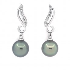 Rhodiated Sterling Silver Earrings and 2 Tahitian Pearls Round B/C 8.6 mm