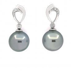 Rhodiated Sterling Silver Earrings and 2 Tahitian Pearls Round B/C 10.4 mm