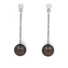 Rhodiated Sterling Silver Earrings and 2 Tahitian Pearls Round 1 B & 1 C 8.5 mm