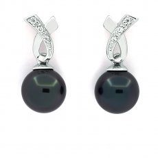 Boucles d'Oreilles en Argent et 2 Perles de Tahiti 1 Ronde & 1 Semi-Ronde C 7.8 mm