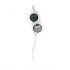 Rhodiated Sterling Silver Pendant and 2 Tahitian Pearls Round C 7.6 and 8 mm