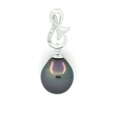 Rhodiated Sterling Silver Pendant and 1 Tahitian Pearl Semi-Baroque B 9.5 mm