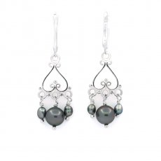 Rhodiated Sterling Silver Earrings, 2 Tahitian Pearls Round C/D 7.8 mm and 4 Keishis