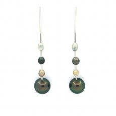 Rhodiated Sterling Silver Earrings, 2 Tahitian Pearls Round C/D 8.5 mm and 6 Keishis