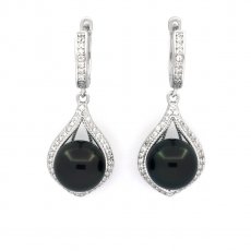 Rhodiated Sterling Silver Earrings and 2 Tahitian Pearls Round C 8.7 mm