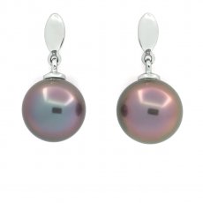 18K Solid White Gold Earrings and 2 Tahitian Pearls Round A 8.5 mm