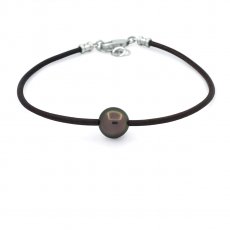 Leather Bracelet and 1 Tahitian Pearl Near-Round C 11 mm
