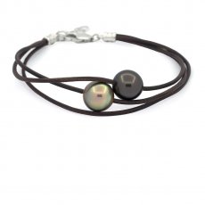 Leather Bracelet and 2 Tahitian Pearls Semi-Baroque C from 11.6 and 11.8 mm