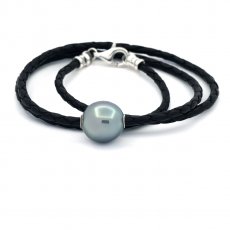 Leather Necklace and 1 Tahitian Pearl Semi-Baroque C 13.2 mm