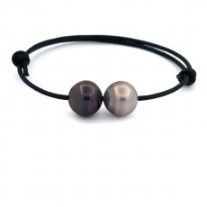 Leather Bracelet and 2 Tahitian Pearls Semi-Baroque + Ringed C 12.2 mm