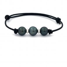 Leather Bracelet and 3 Tahitian Pearls Round D from 9.3 to 9.9 mm