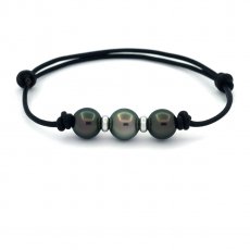 Leather Bracelet and 3 Tahitian Pearls Round D from 9 to 9.4 mm