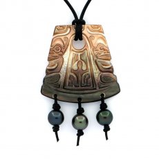 Mother-of-Pearl pendant and 3 Tahitian Pearls Semi-Baroque C/D from 8.6 to 8.9 mm