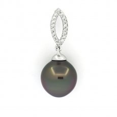 Rhodiated Sterling Silver Pendant and 1 Tahitian Pearl Semi-Baroque C 11.2 mm