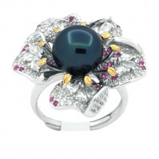 Rhodiated Sterling Silver Ring and 1 Tahitian Pearl Round C+ 9.7 mm