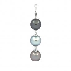 Rhodiated Sterling Silver Pendant and 3 Tahitian Pearls Round and Near-Round C from 9.3 mm