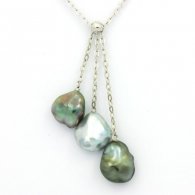 Rhodiated Sterling Silver Chain and 3 Tahitian Keishis