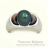 Rhodiated Sterling Silver Ring and 1 Tahitian Pearl Round B 9.3 mm
