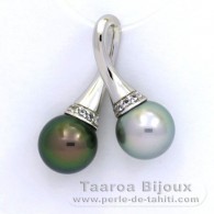 Rhodiated Sterling Silver Pendant and 2 Tahitian Pearls Round C 9.5 mm