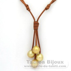 Leather Necklace and 4 Australian Pearls Semi-Baroque C from 12 to 12.5 mm