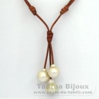 Leather Necklace and 3 Australian Pearls Semi-Baroque C from 13.7 to 15 mm