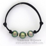 Waxed cotton Bracelet and 3 Tahitian Pearls Semi-Baroque B from 10 to 10.4 mm