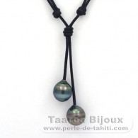Leather Necklace and 2 Tahitian Pearls Ringed C 12.1 and 12.3 mm