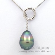 Rhodiated Sterling Silver Necklace and 1 Tahitian Pearl Ringed B 9.6 mm